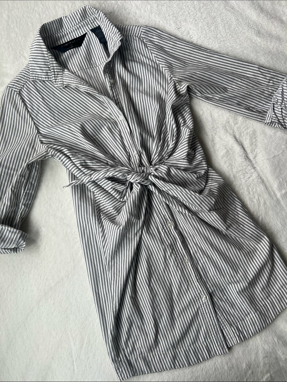 Norma Kamali Gray and White Striped Long Sleeve Shirt Dress w faux tie